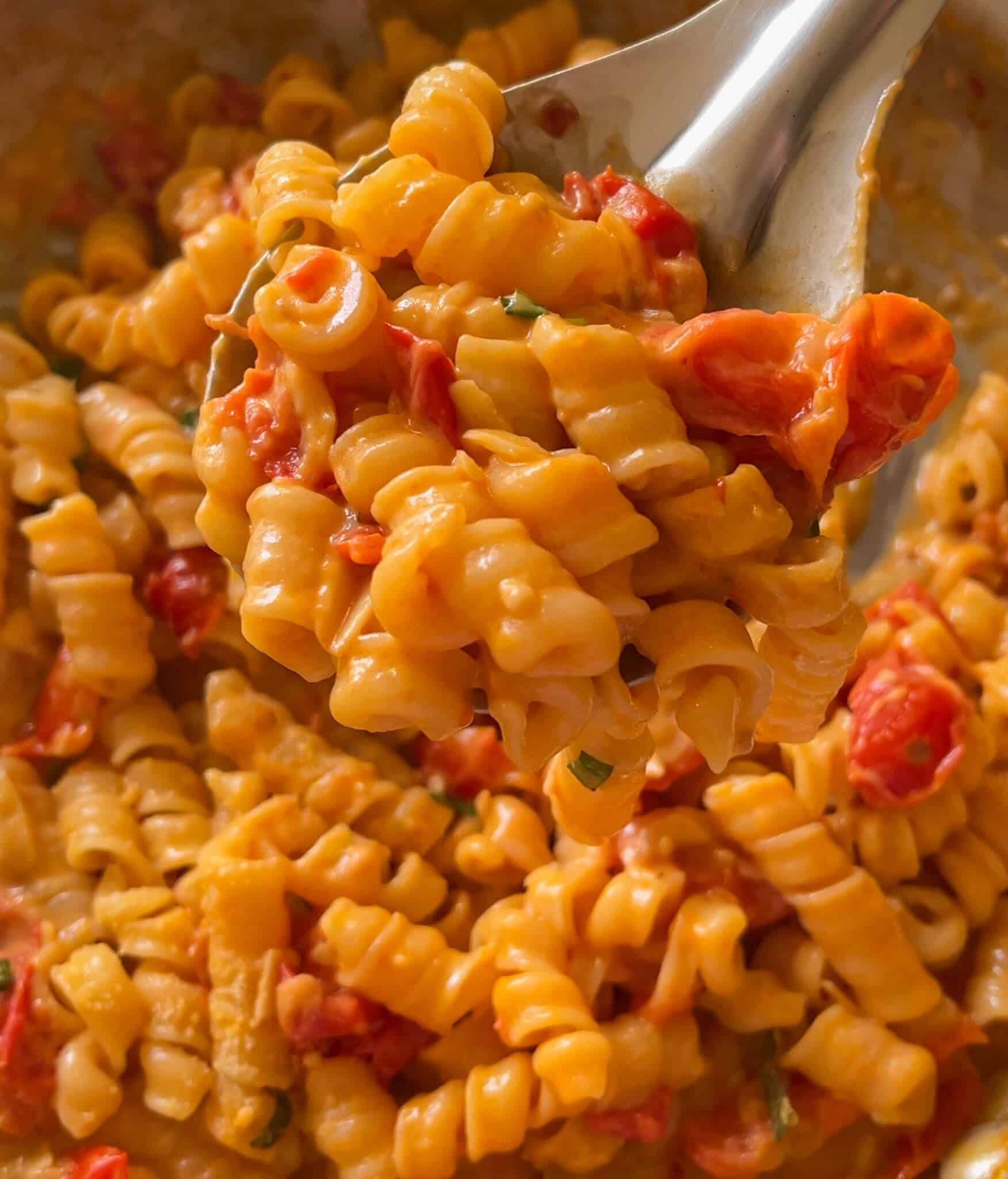 A steaming bowl of one pot creamy tomato pasta garnished with fresh herbs.